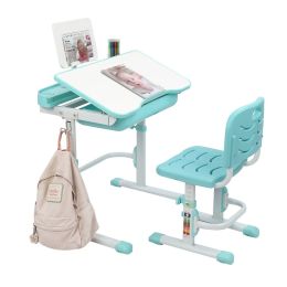 80Cm Hand-Operated Lifting Table Top Can Tilt Children's Study Table And Chair Blue- Green (With Reading Frame Without Lamp)