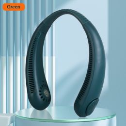 Hanging Neck Portable Leafless Rechargeable USB Mini Fan (Color: Green)